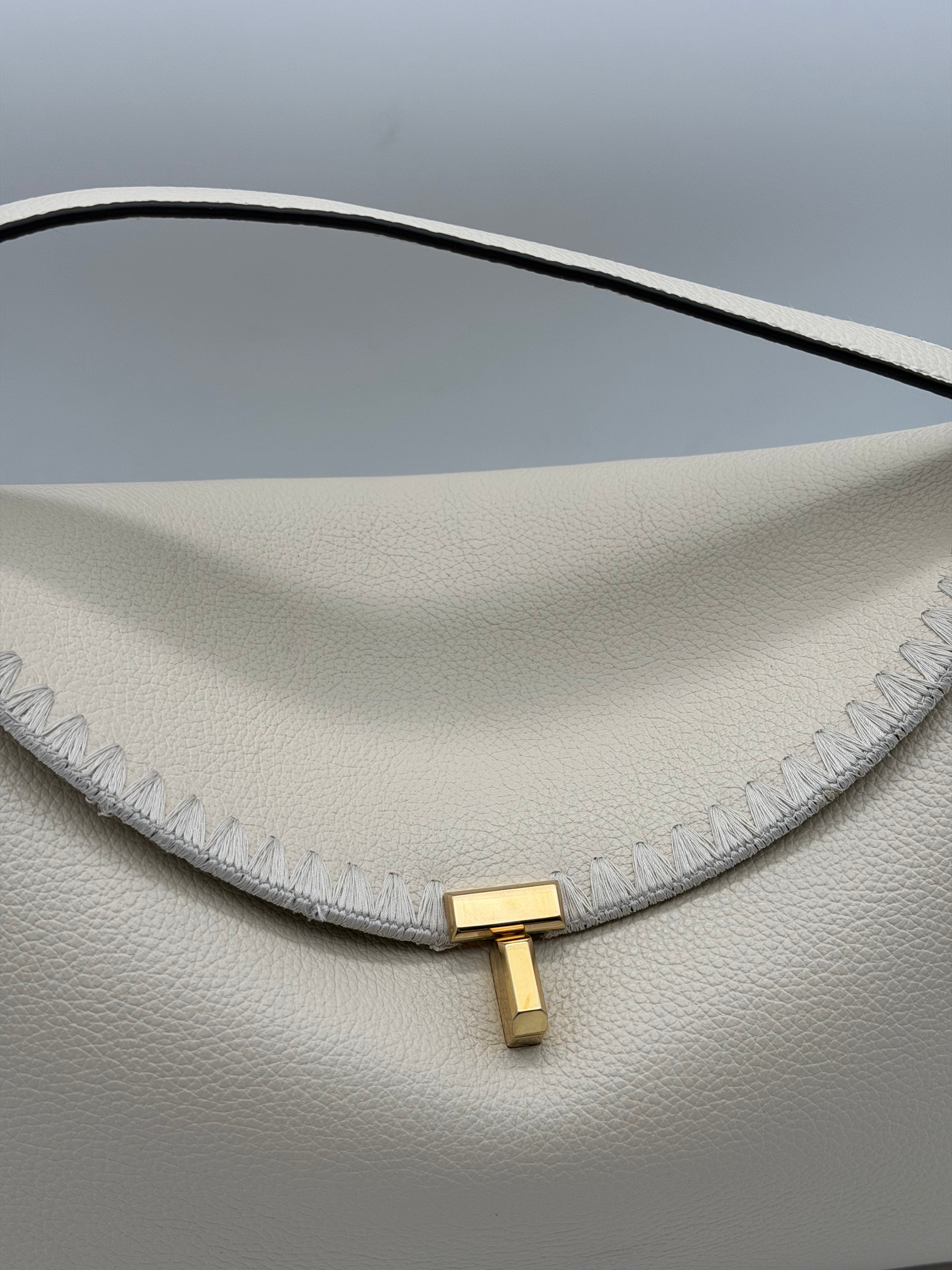 Toteme T-Lock Top Handle White Grained Leather Whipstitch