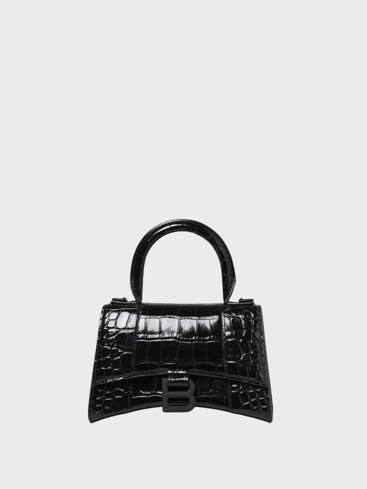 Borsa Balenciaga Houglass mini XS nera, in pelle lucida e finitura a coccodrillo